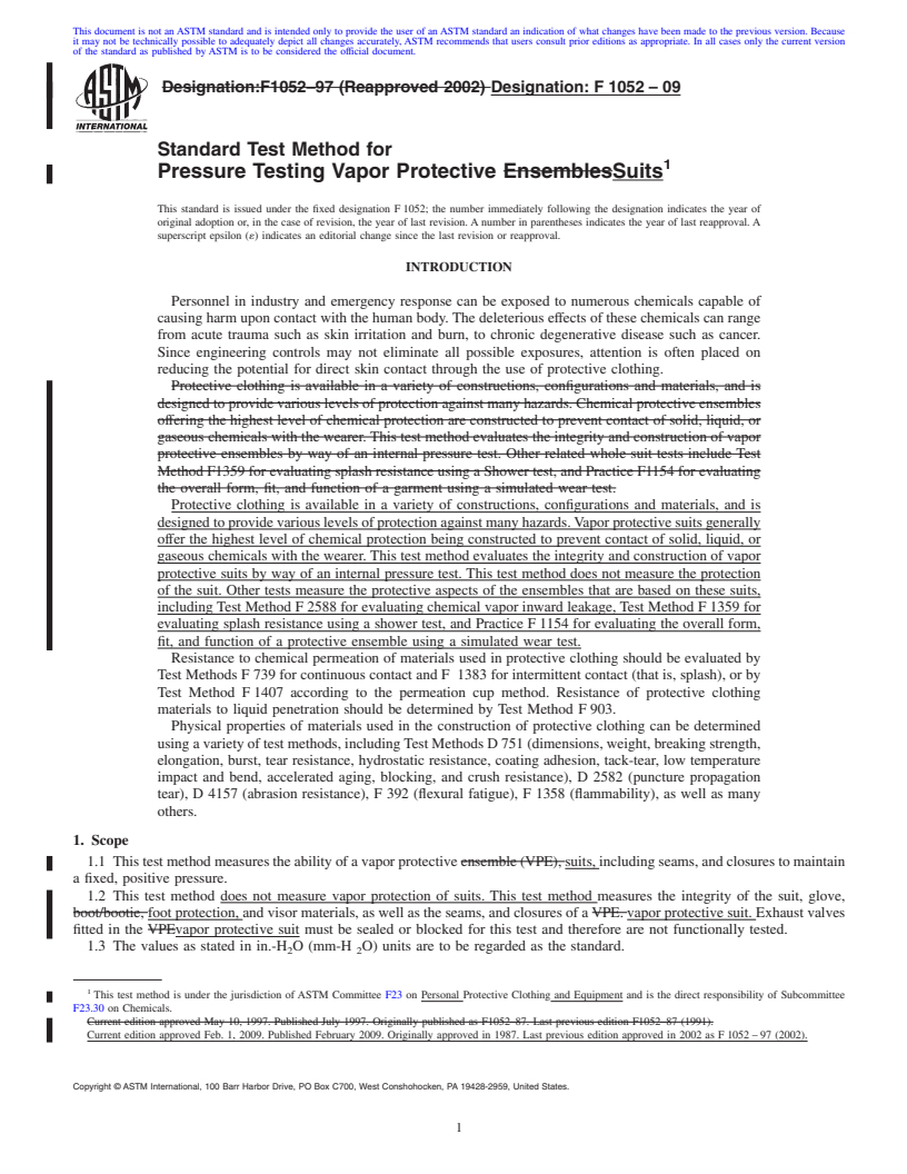 REDLINE ASTM F1052-09 - Standard Test Method for Pressure Testing Vapor Protective Ensembles