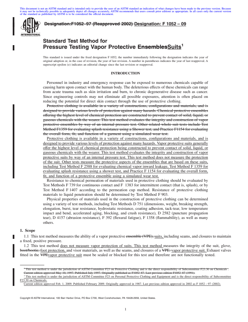 REDLINE ASTM F1052-09 - Standard Test Method for Pressure Testing Vapor Protective Ensembles