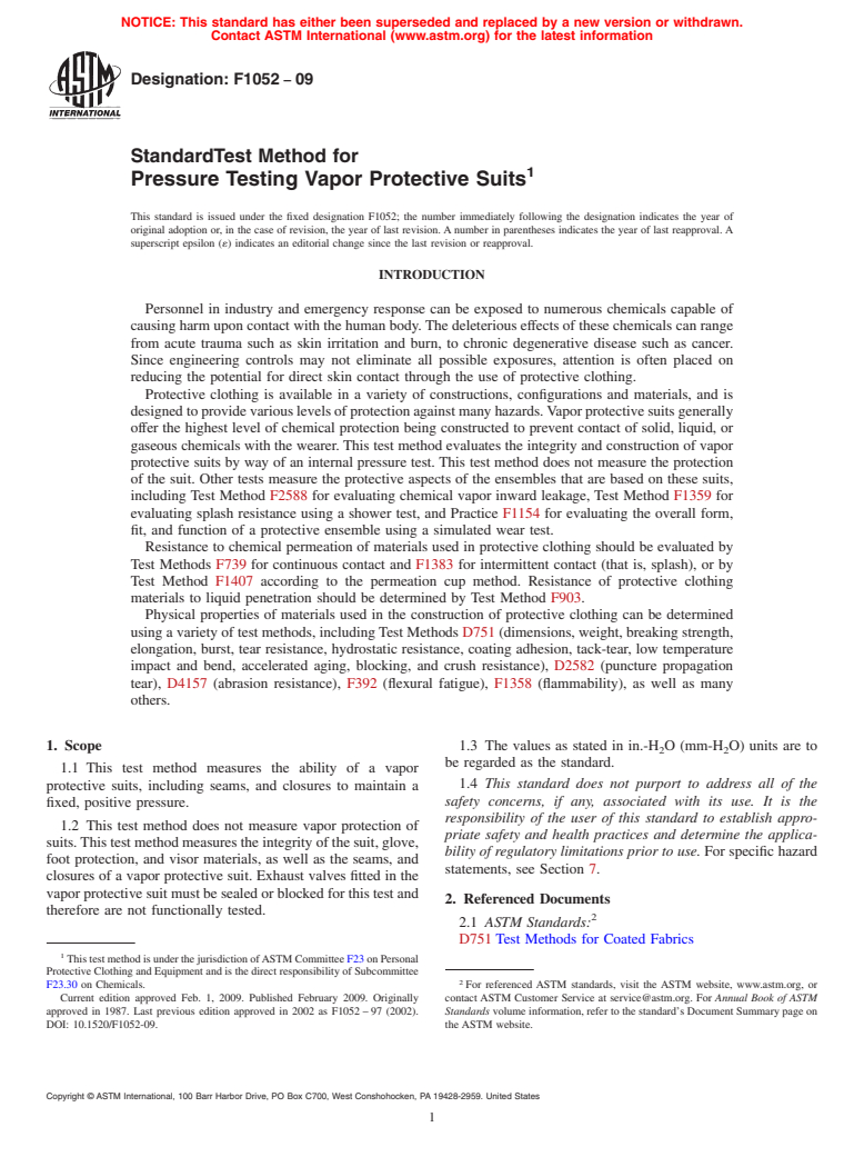 ASTM F1052-09 - Standard Test Method for Pressure Testing Vapor Protective Ensembles