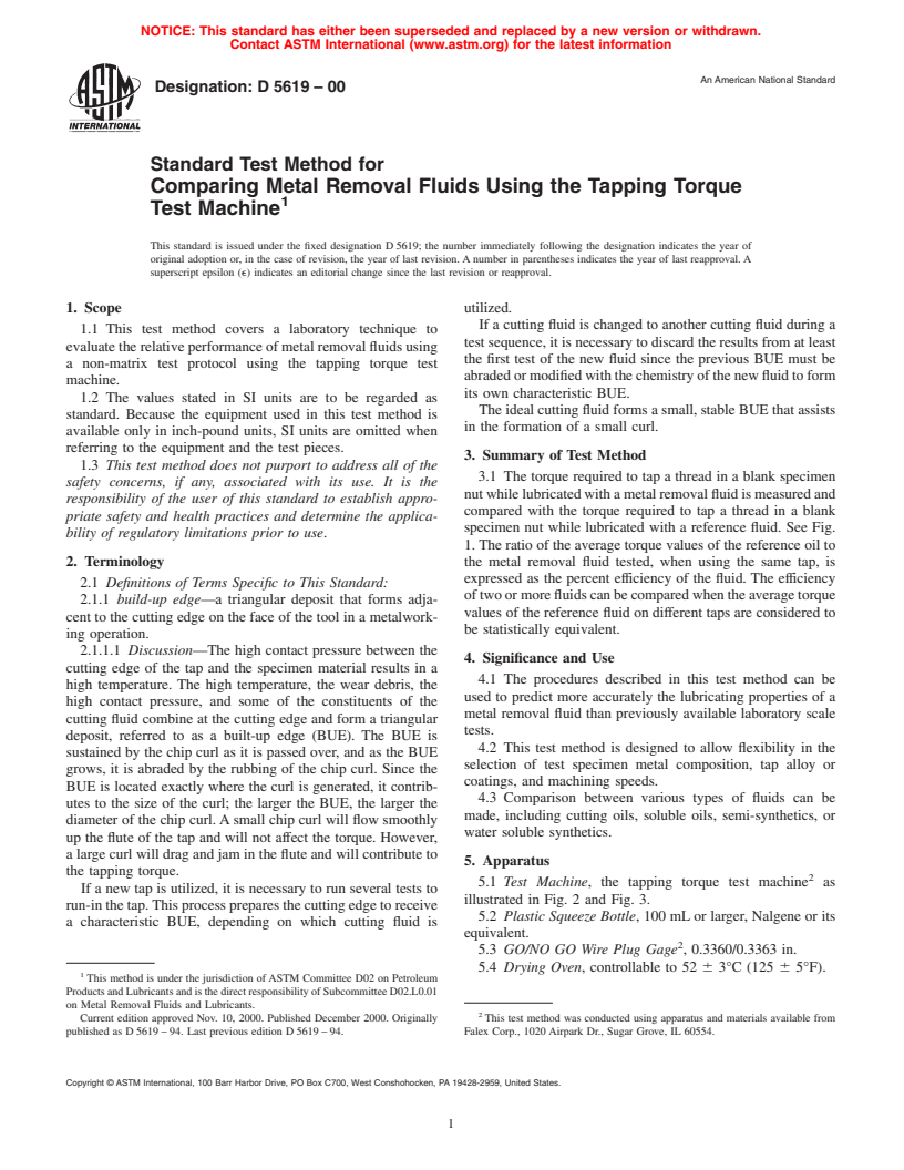 ASTM D5619-00 - Standard Test Method for Comparing Metal Removal Fluids Using the Tapping Torque Test Machine