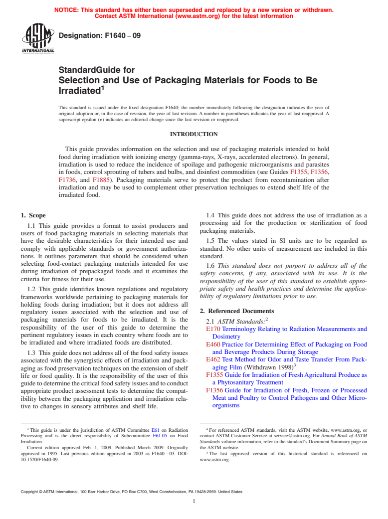 ASTM F1640-09 - Standard Guide for Packaging Materials for Foods to Be Irradiated