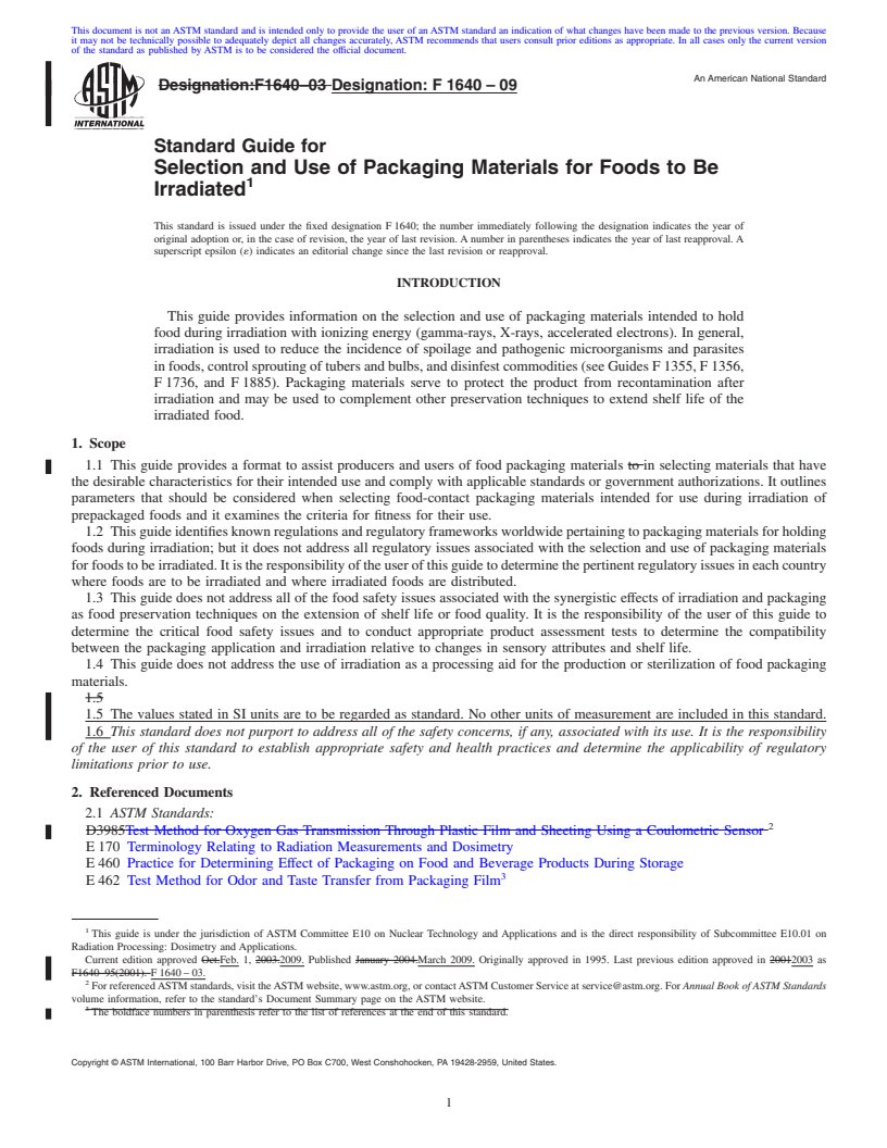 REDLINE ASTM F1640-09 - Standard Guide for Packaging Materials for Foods to Be Irradiated