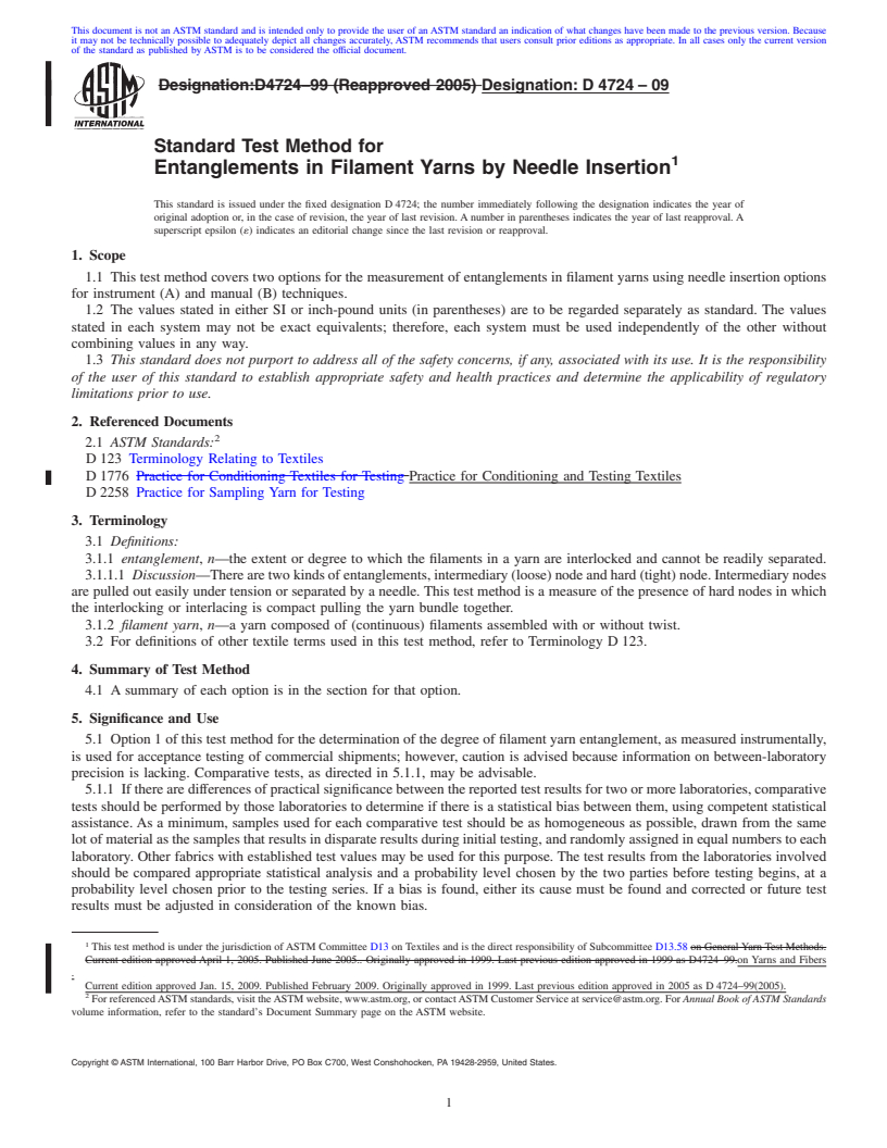 REDLINE ASTM D4724-09 - Standard Test Methods for Degree of Filament Yarn Entanglement by Needle Insertion Methods