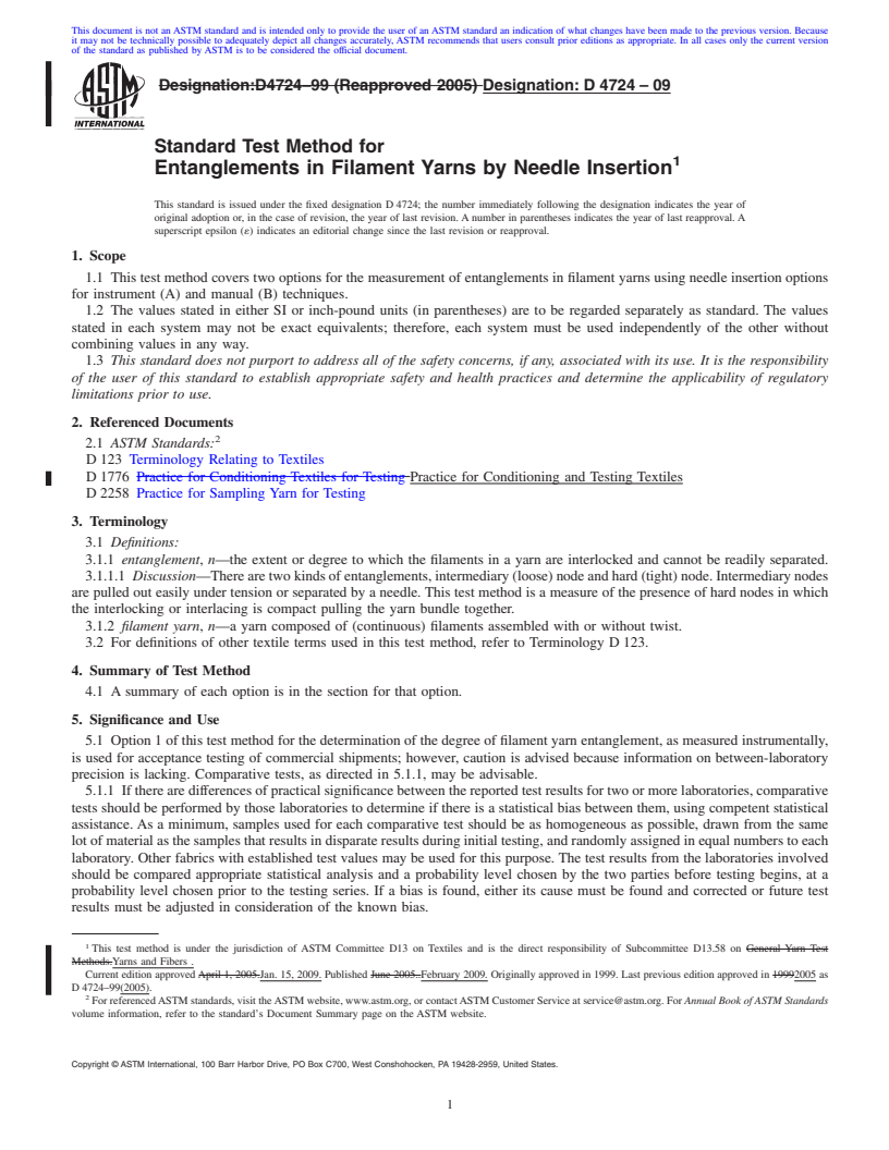 REDLINE ASTM D4724-09 - Standard Test Methods for Degree of Filament Yarn Entanglement by Needle Insertion Methods