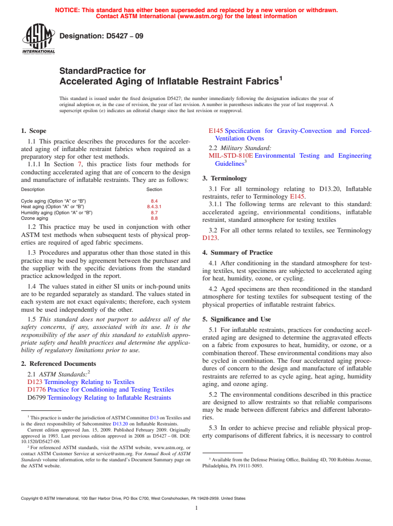 ASTM D5427-09 - Standard Practice for Accelerated Aging of Inflatable Restraint Fabrics