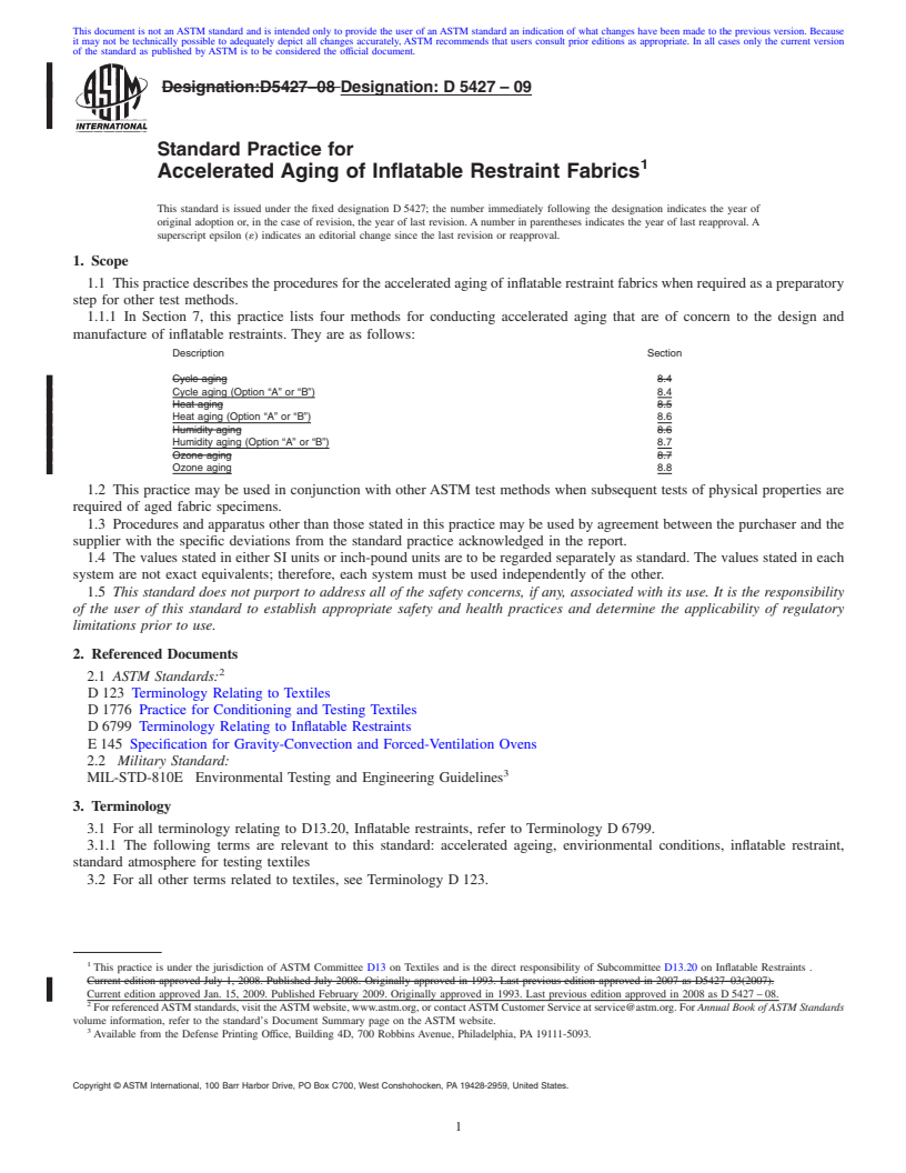 REDLINE ASTM D5427-09 - Standard Practice for Accelerated Aging of Inflatable Restraint Fabrics