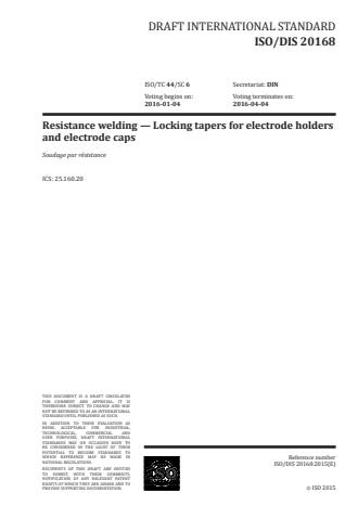 ISO 20168:2016 - Resistance welding -- Locking tapers for electrode holders and electrode caps