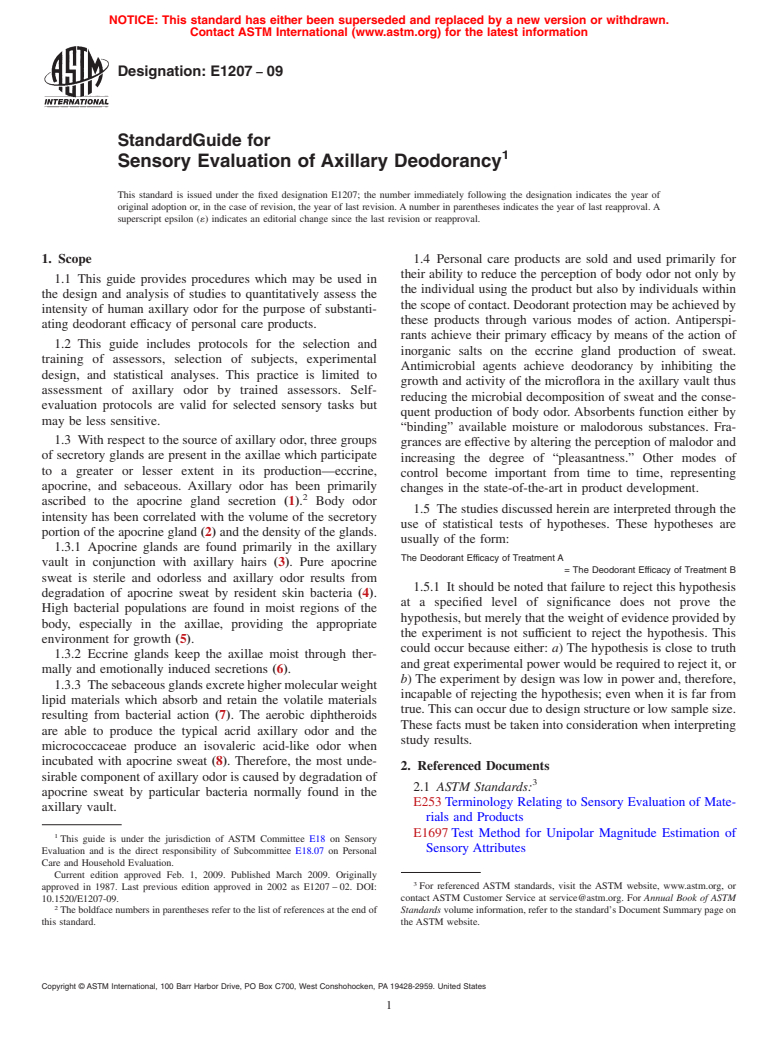 ASTM E1207-09 - Standard Practice for The Sensory Evaluation of Axillary Deodorancy