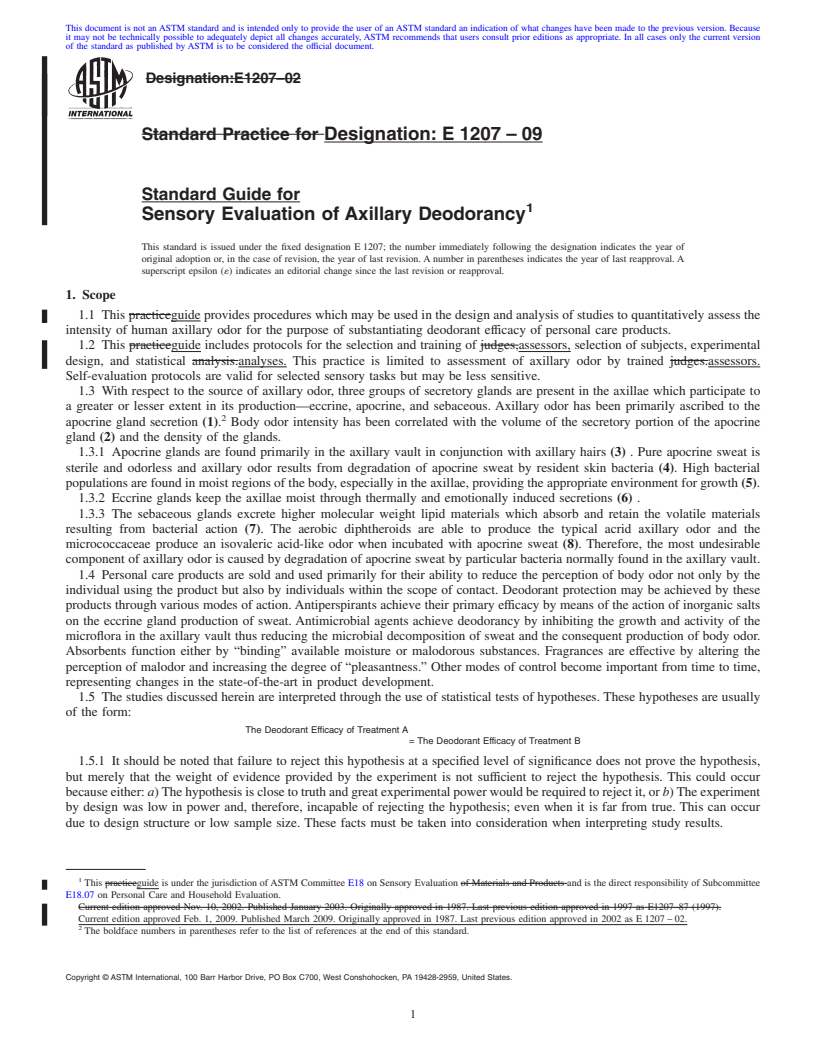 REDLINE ASTM E1207-09 - Standard Practice for The Sensory Evaluation of Axillary Deodorancy