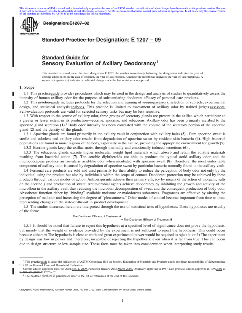 REDLINE ASTM E1207-09 - Standard Practice for The Sensory Evaluation of Axillary Deodorancy