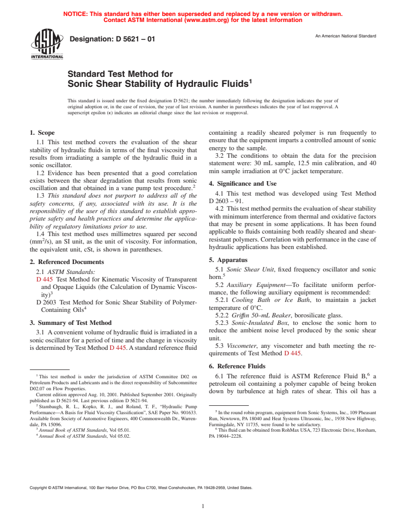 ASTM D5621-01 - Standard Test Method for Sonic Shear Stability of Hydraulic Fluid