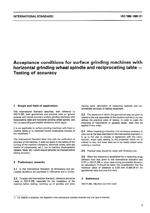 ISO 1986:1985 - Acceptance conditions for surface grinding machines with horizontal grinding wheel spindle and reciprocating table -- Testing of accuracy