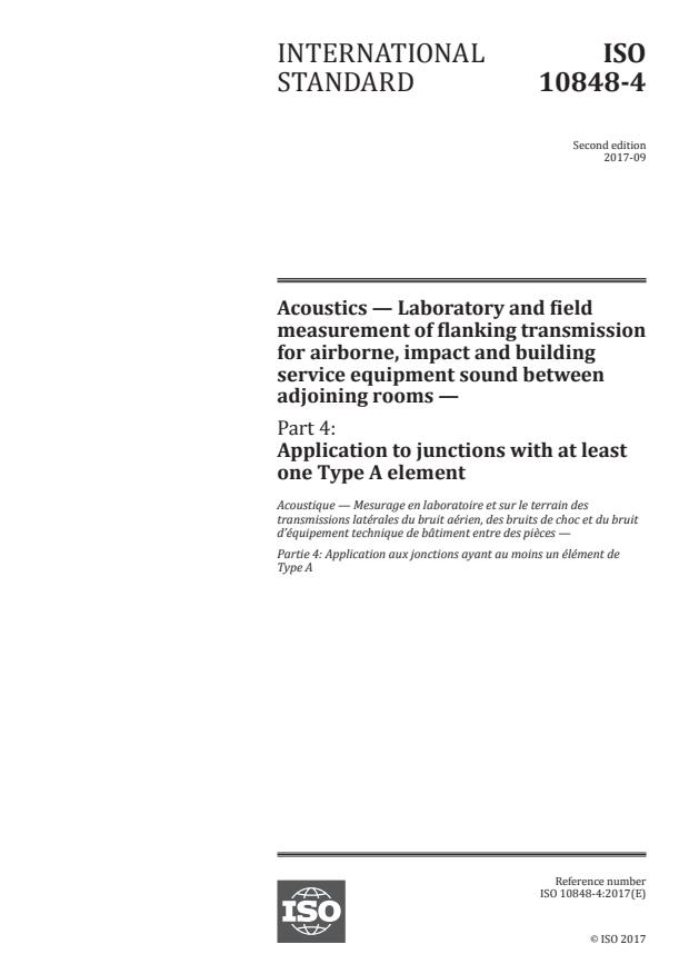 ISO 10848-4:2017 - Acoustics -- Laboratory and field measurement of flanking transmission for airborne, impact and building service equipment sound between adjoining rooms