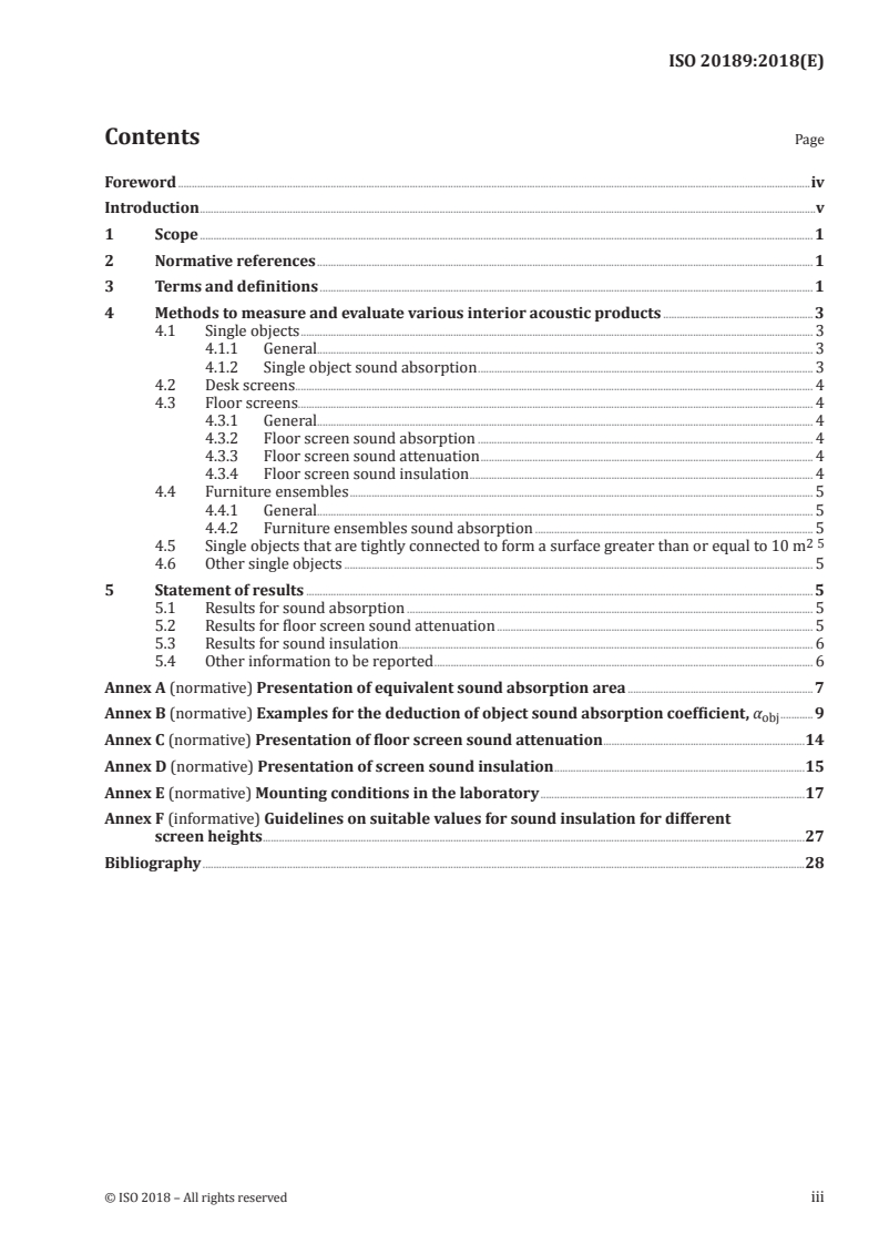 ISO 20189:2018 - Acoustics — Screens, furniture and single objects intended for interior use — Rating of sound absorption and sound reduction of elements based on laboratory measurements
Released:11/21/2018