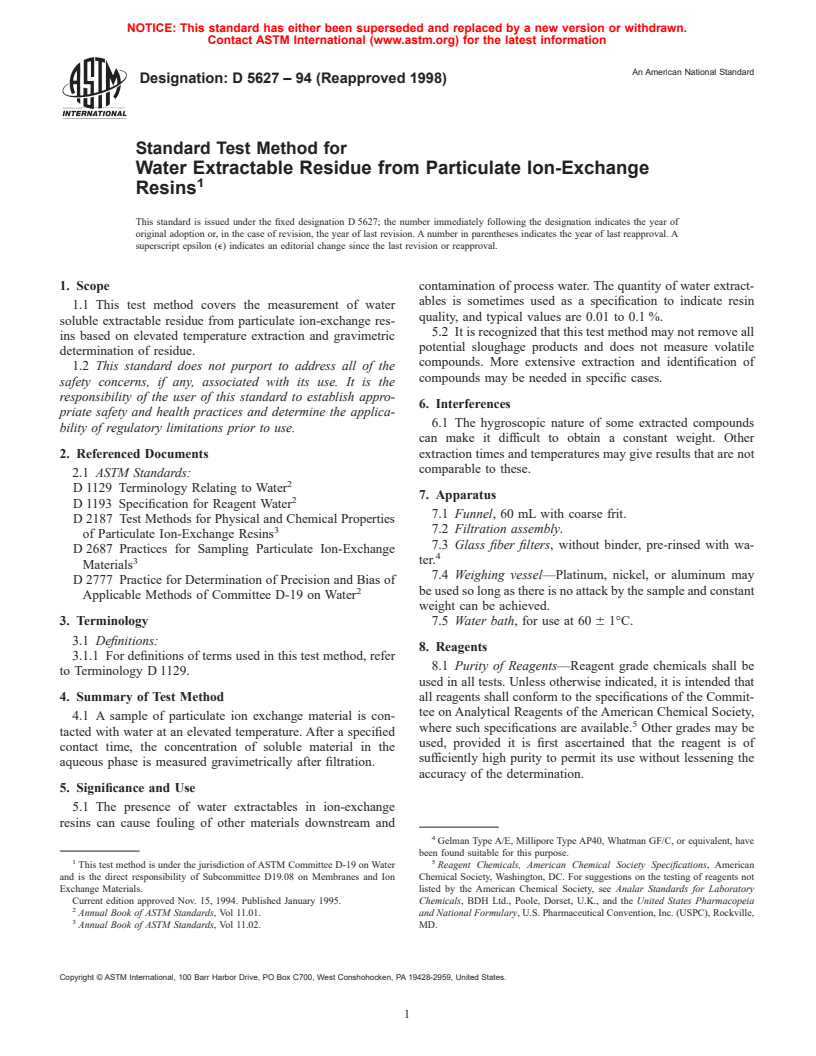 ASTM D5627-94(1998) - Standard Test Method for Water Extractable Residue from Particulate Ion-Exchange Resins