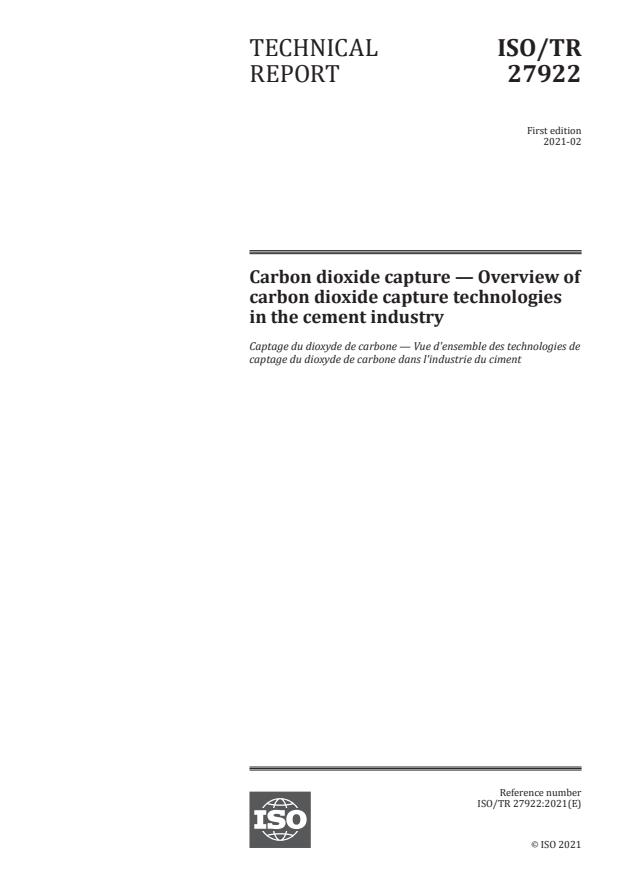 ISO/TR 27922:2021 - Carbon dioxide capture -- Overview of carbon dioxide capture technologies in the cement industry