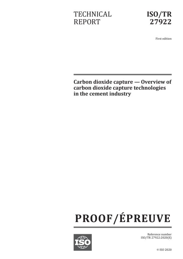 ISO/PRF TR 27922:Version 12-dec-2020 - Carbon dioxide capture -- Overview of carbon dioxide capture technologies in the cement industry