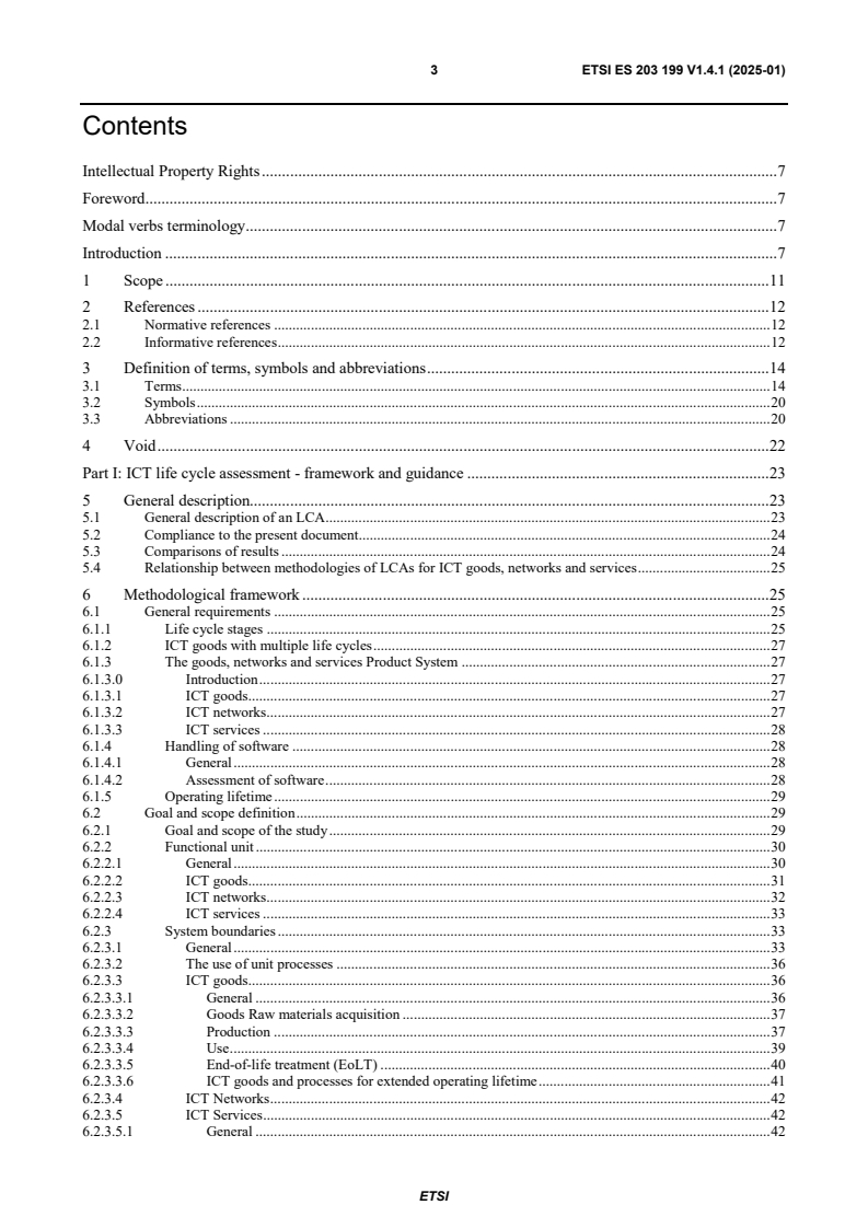 ETSI ES 203 199 V1.4.1 (2025-01) - Environmental Engineering (EE); Methodology for environmental Life Cycle Assessment (LCA) of Information and Communication Technology (ICT) goods, networks and services