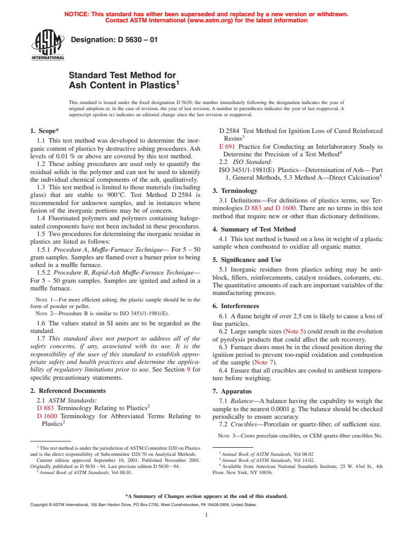 ASTM D5630-01 - Standard Test Method for Ash Content in Thermoplastics