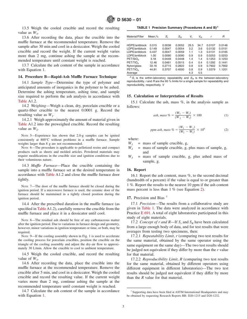 ASTM D5630-01 - Standard Test Method for Ash Content in Thermoplastics