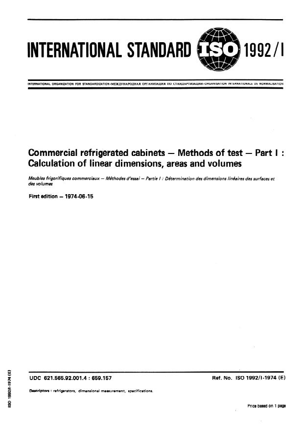ISO 1992-1:1974 - Commercial refrigerated cabinets -- Methods of test