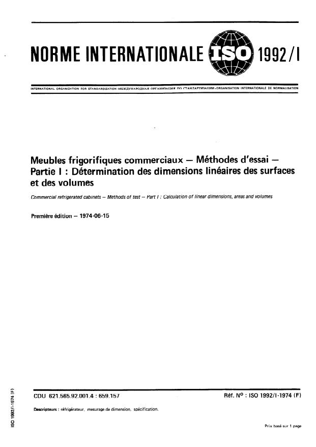 ISO 1992-1:1974 - Meubles frigorifiques commerciaux -- Méthodes d'essai
