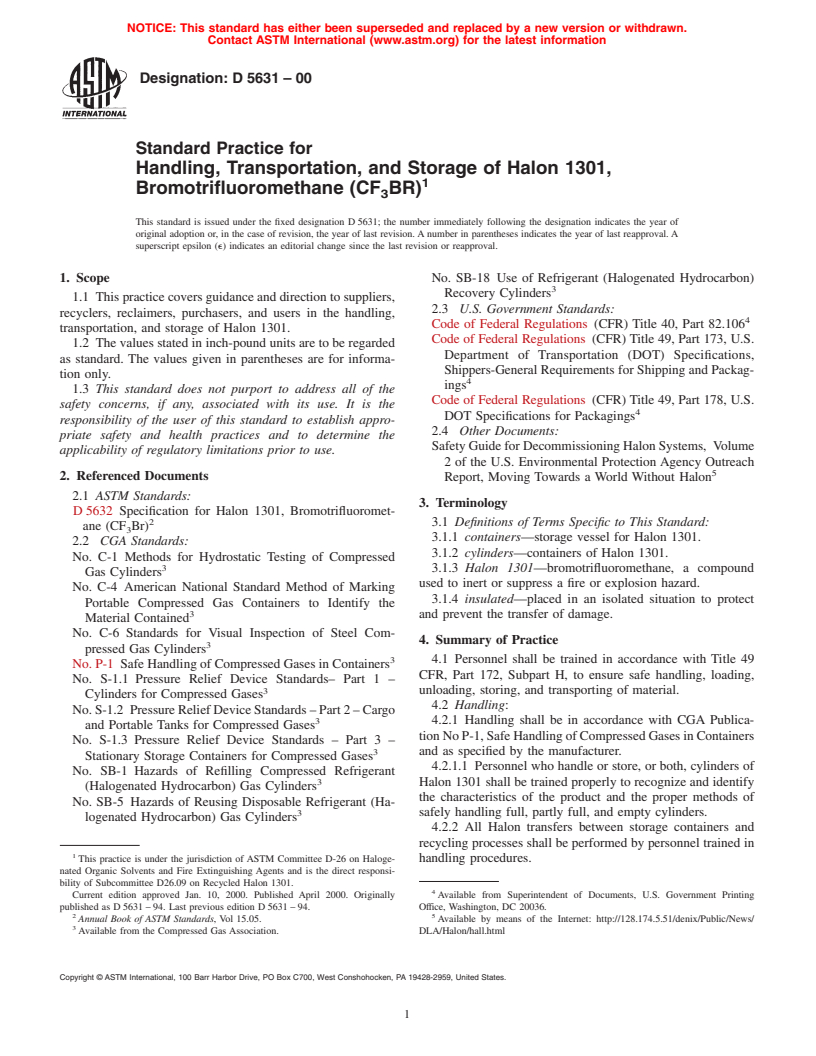 ASTM D5631-00 - Standard Practice for Handling Transportation and Storage of Halon 1301 Bromotrifluoromethane (CF<sub>3</sub>BR)