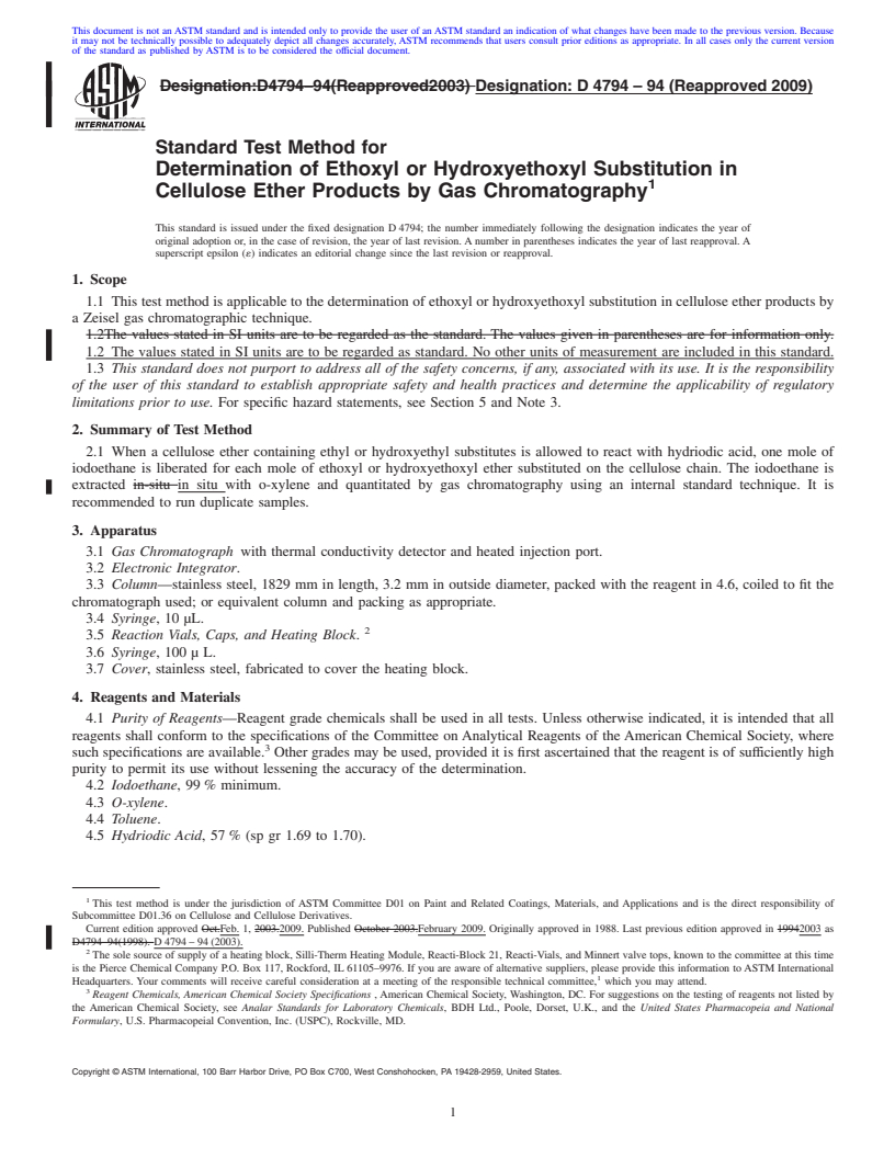 REDLINE ASTM D4794-94(2009) - Standard Test Method for Determination of Ethoxyl or Hydroxyethoxyl Substitution in Cellulose Ether Products by Gas Chromatography