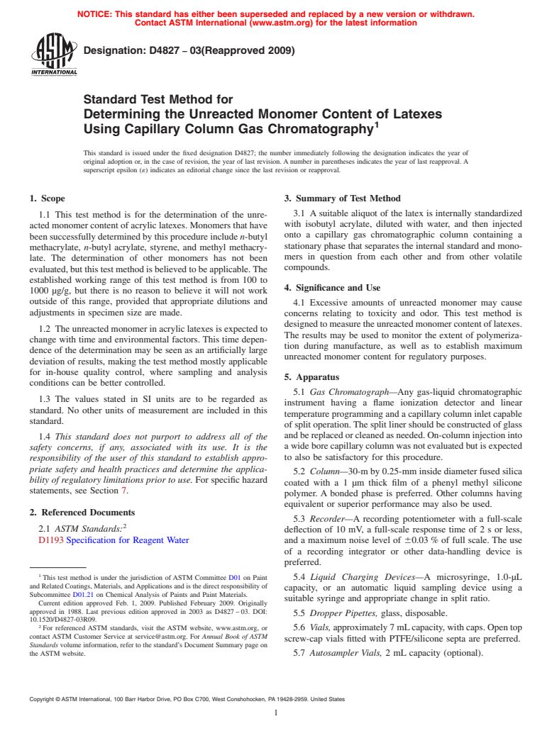 ASTM D4827-03(2009) - Standard Test Method for Determining the Unreacted Monomer Content of Latexes Using Capillary Column Gas Chromatography