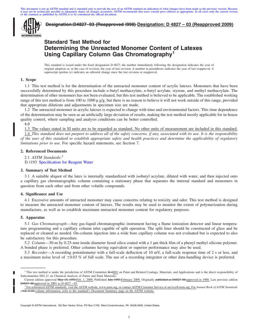 REDLINE ASTM D4827-03(2009) - Standard Test Method for Determining the Unreacted Monomer Content of Latexes Using Capillary Column Gas Chromatography