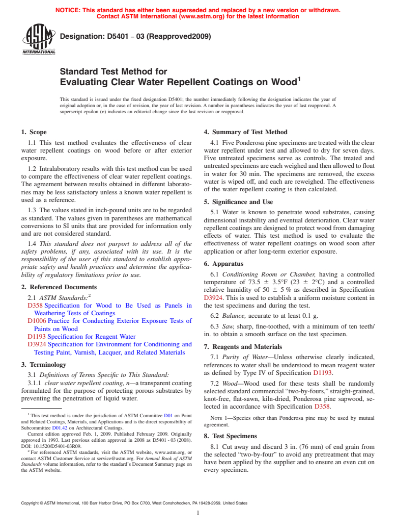 ASTM D5401-03(2009) - Standard Test Method for Evaluating Clear Water Repellent Coatings on Wood