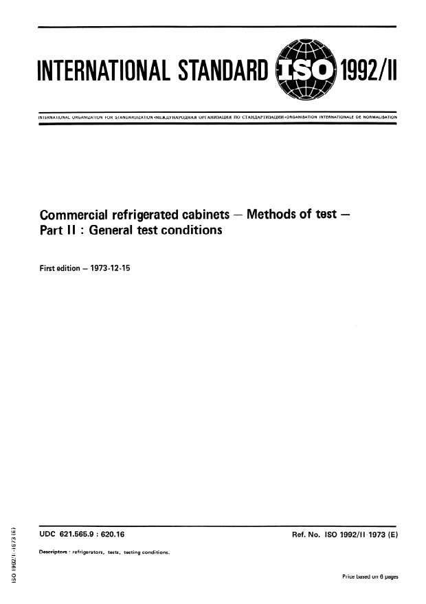 ISO 1992-2:1973 - Commercial refrigerated cabinets -- Methods of test