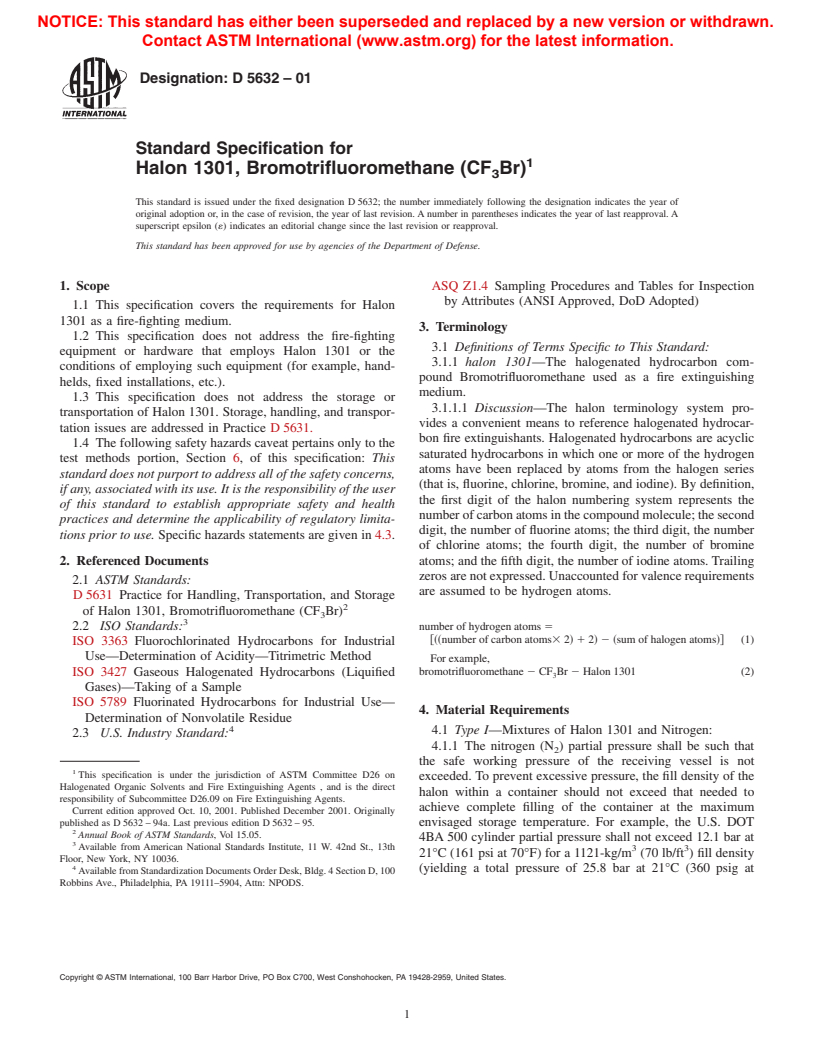 ASTM D5632-01 - Standard Specification for Halon 1301, Bromotrifluoromethane (CF<sub>3</sub>Br)