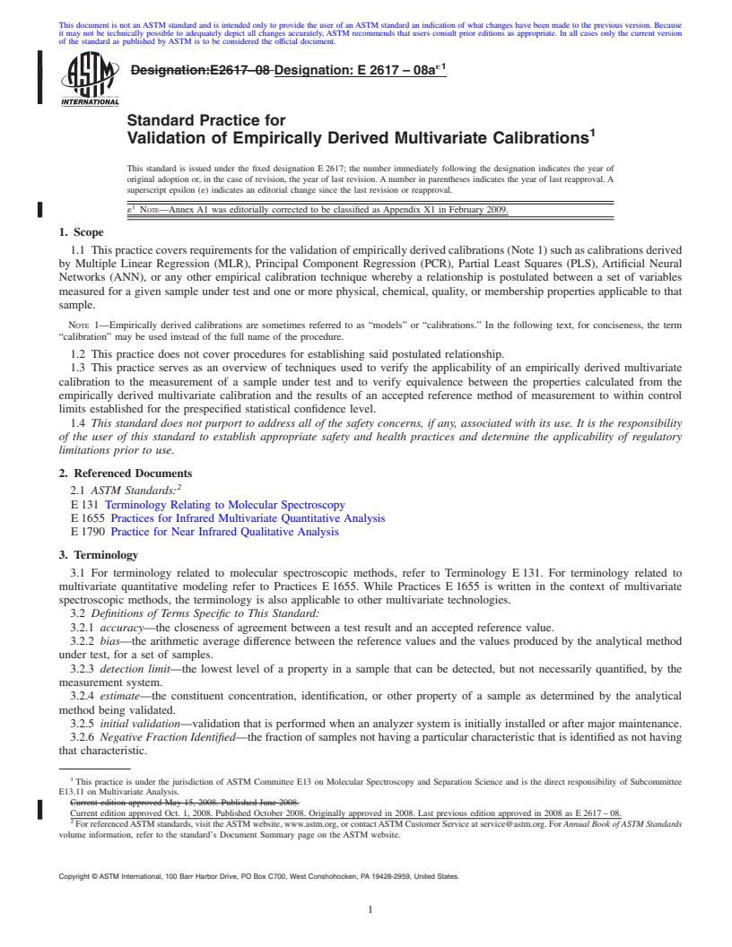 REDLINE ASTM E2617-08ae1 - Standard Practice for Validation of Empirically Derived Multivariate Calibrations