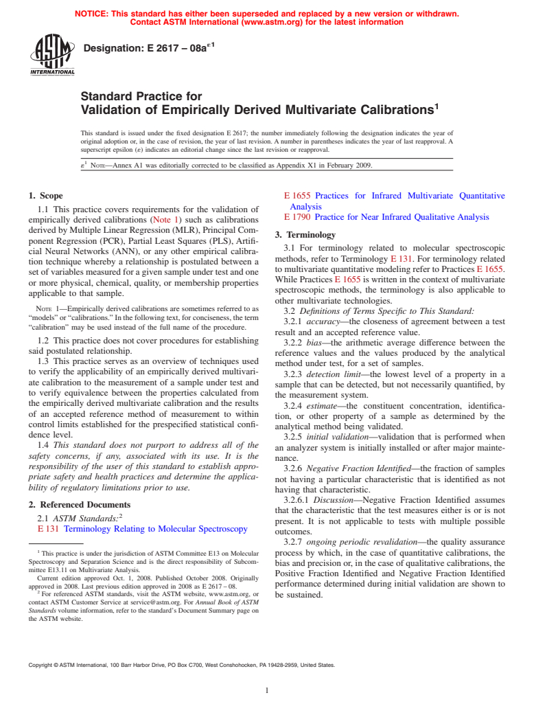 ASTM E2617-08ae1 - Standard Practice for Validation of Empirically Derived Multivariate Calibrations