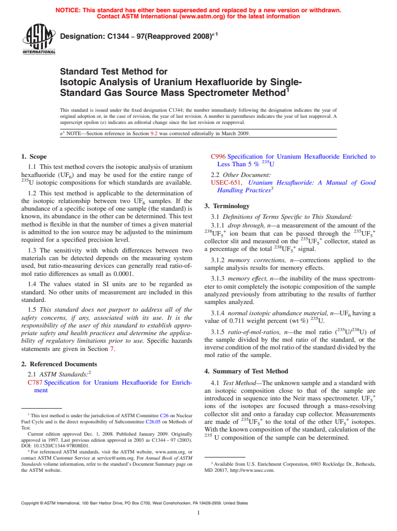 ASTM C1344-97(2008)e1 - Standard Test Method for Isotopic Analysis of Uranium Hexafluoride by Single-Standard Gas Source Mass Spectrometer Method