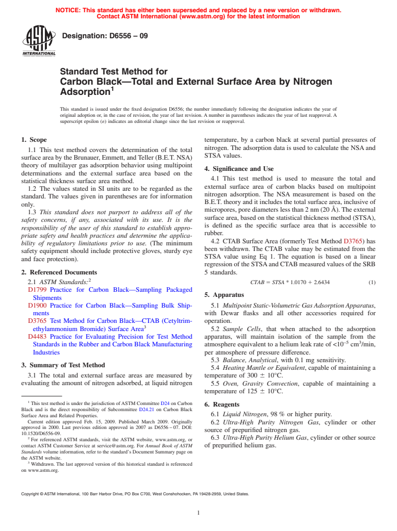 ASTM D6556-09 - Standard Test Method for Carbon Black-Total and External Surface Area by Nitrogen Adsorption