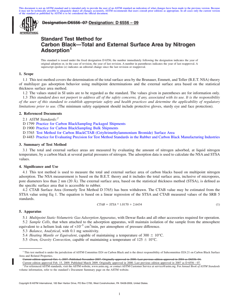 REDLINE ASTM D6556-09 - Standard Test Method for Carbon Black-Total and External Surface Area by Nitrogen Adsorption