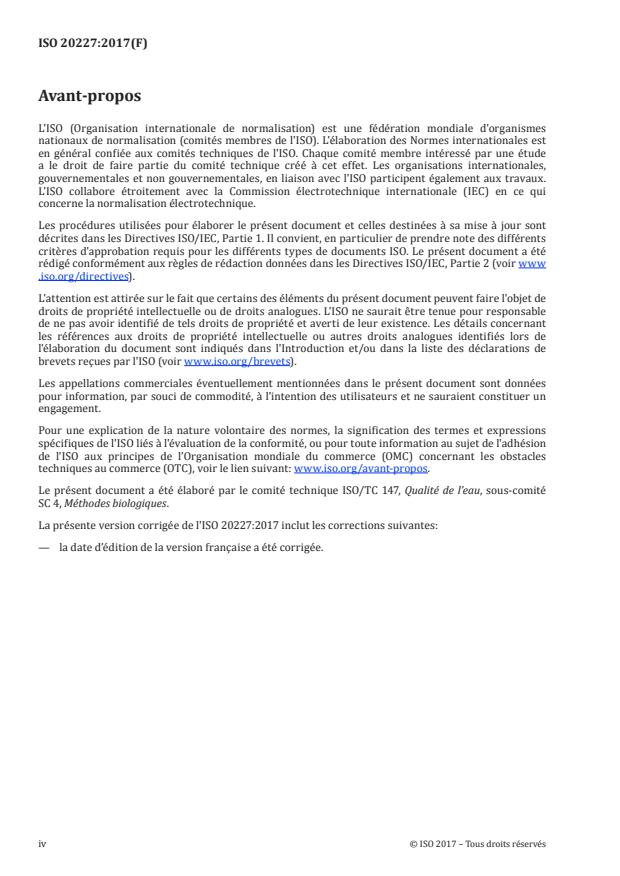 ISO 20227:2017 ISO 20227:2017 - Qualité de l'eau -- Détermination des effets d'inhibition sur la croissance de la lentille d'eau Spirodela polyrhiza par les eaux usées, les eaux naturelles et les produits chimiques -- Méthode utilisant un bioessai miniaturisé indépendant d'une culture mère - Page 4 preview