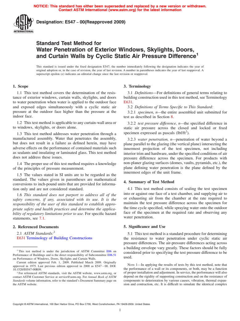 ASTM E547-00(2009) - Standard Test Method for Water Penetration of Exterior Windows, Skylights, Doors, and Curtain Walls by Cyclic Static Air Pressure Difference