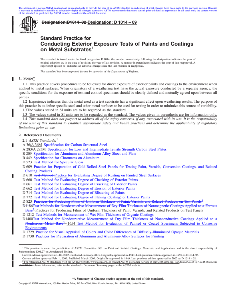 REDLINE ASTM D1014-09 - Standard Practice for Conducting Exterior Exposure Tests of Paints and Coatings on Metal Substrates (Withdrawn 2018)