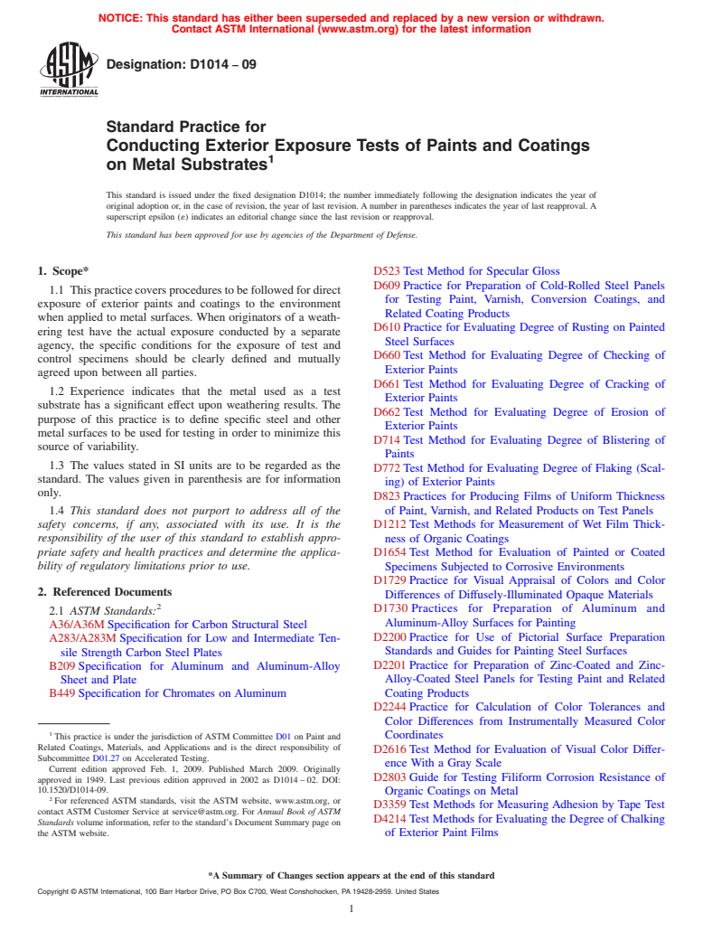 ASTM D1014-09 - Standard Practice for Conducting Exterior Exposure Tests of Paints and Coatings on Metal Substrates (Withdrawn 2018)