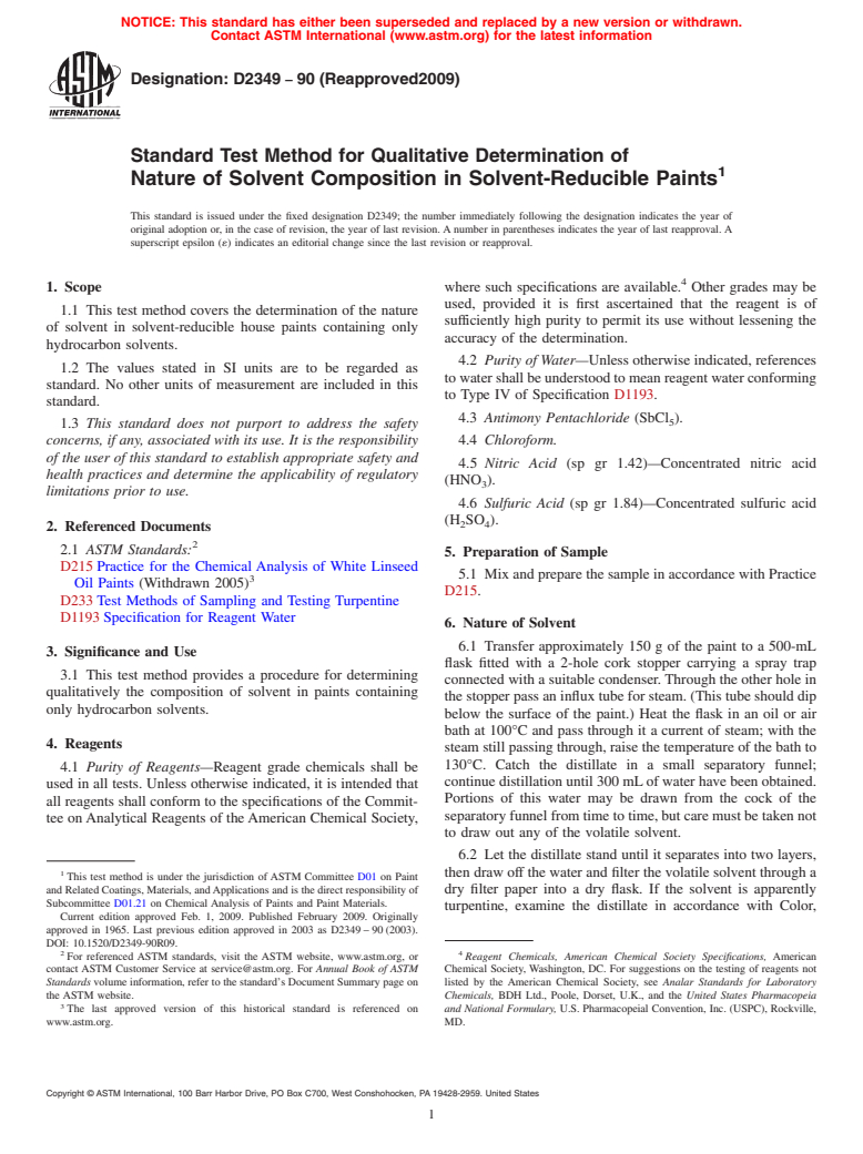 ASTM D2349-90(2009) - Standard Test Method for Qualitative Determination of Nature of Solvent Composition in Solvent-Reducible Paints