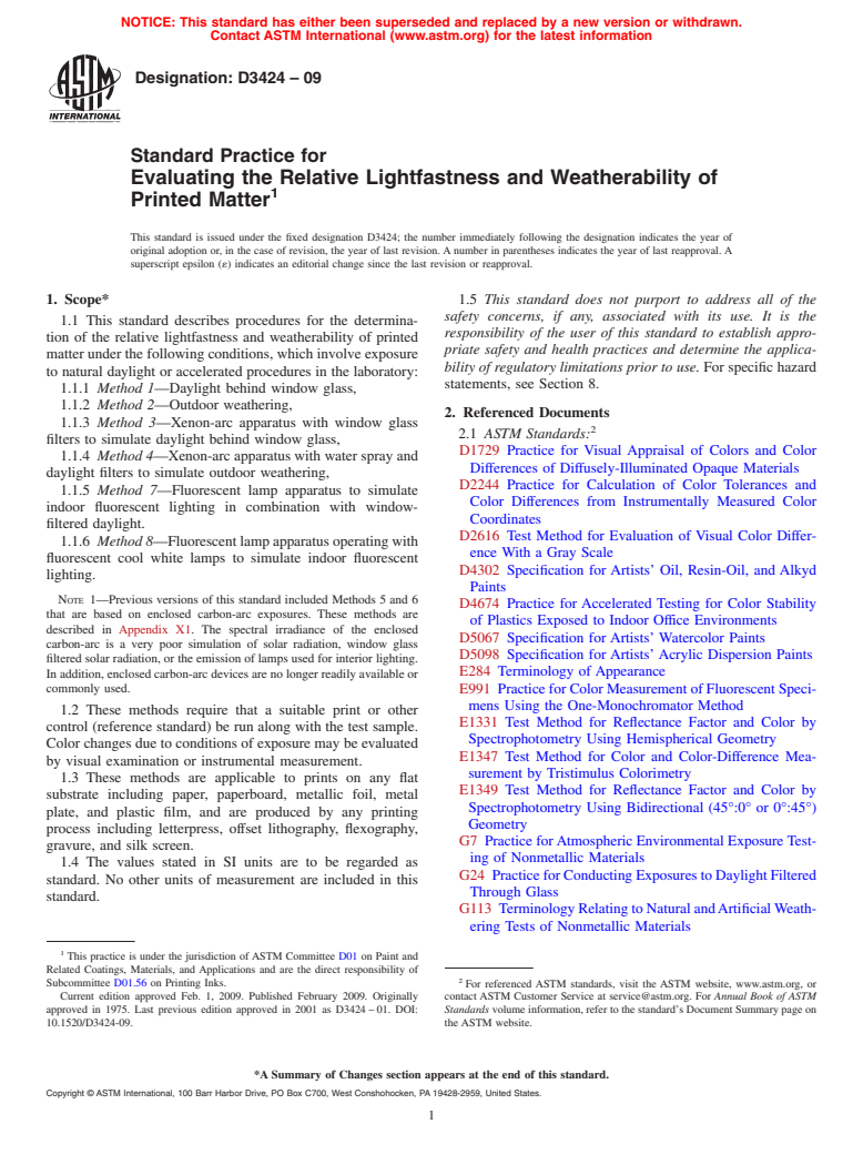 ASTM D3424-09 - Standard Practice for Evaluating the Relative Lightfastness and Weatherability of Printed  Matter