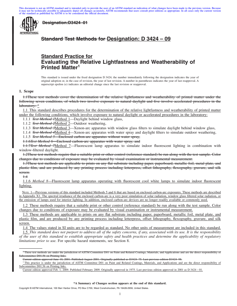 REDLINE ASTM D3424-09 - Standard Practice for Evaluating the Relative Lightfastness and Weatherability of Printed  Matter