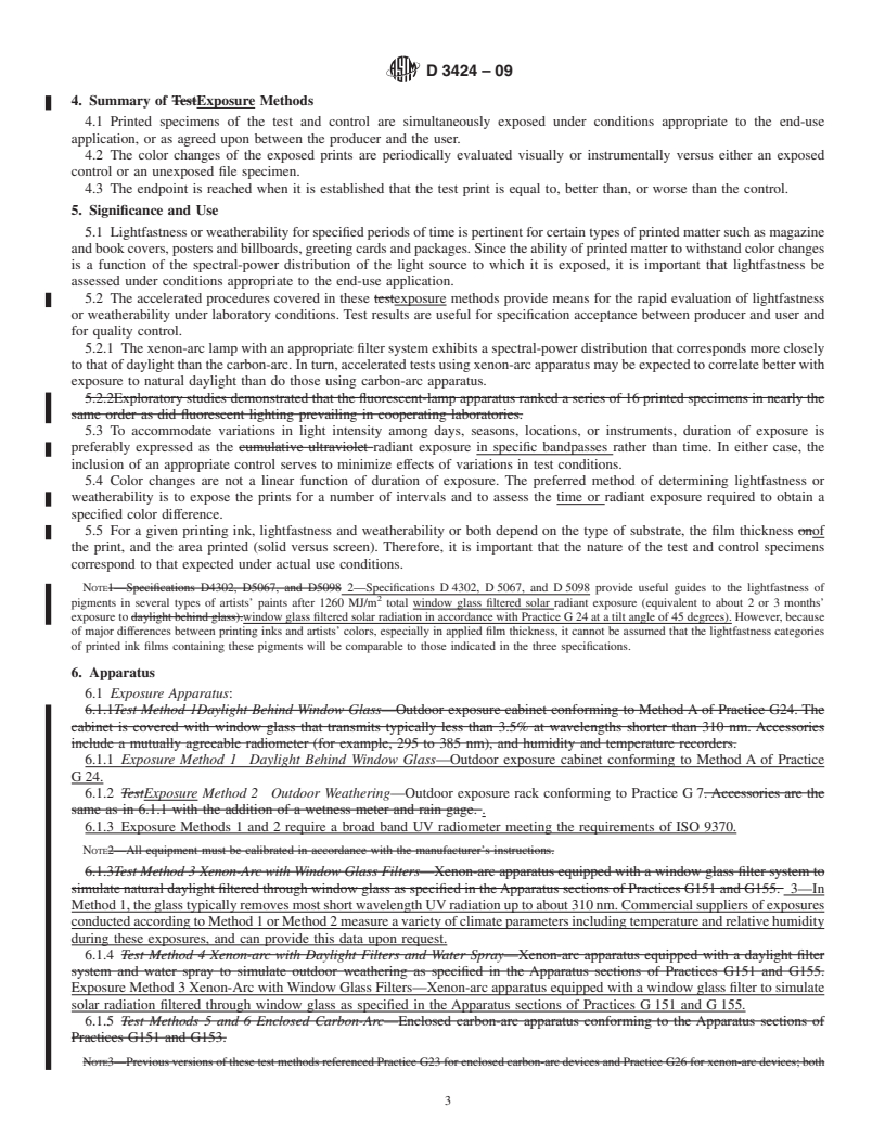 REDLINE ASTM D3424-09 - Standard Practice for Evaluating the Relative Lightfastness and Weatherability of Printed  Matter