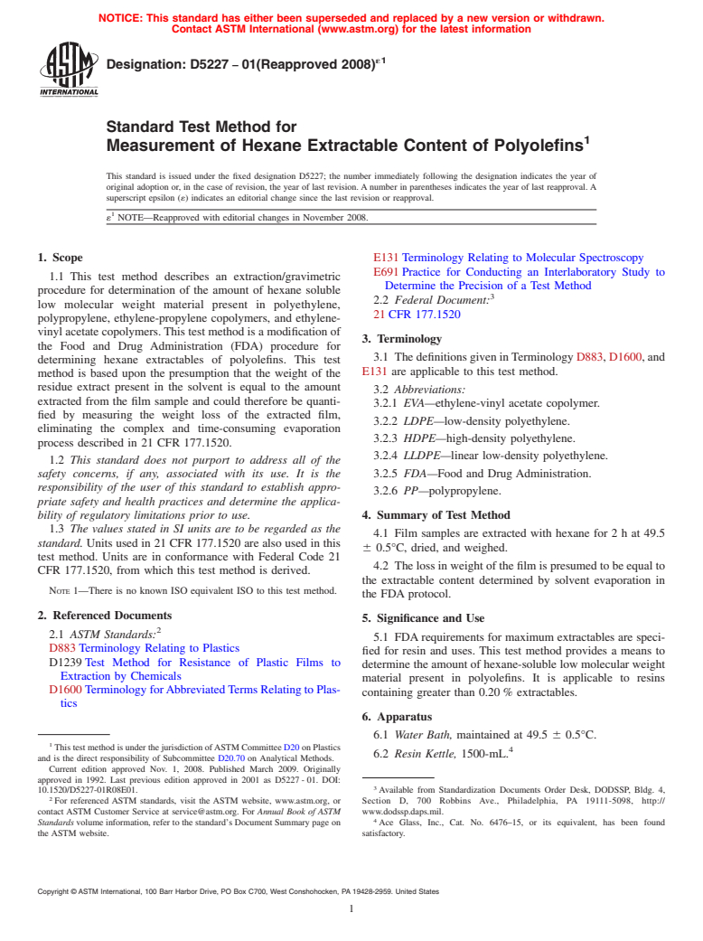 ASTM D5227-01(2008)e1 - Standard Test Method for Measurement of Hexane Extractable Content of Polyolefins