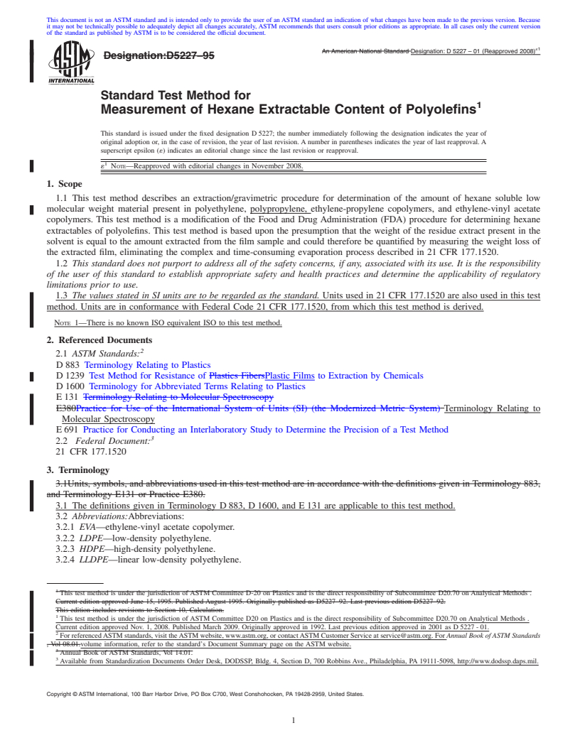 REDLINE ASTM D5227-01(2008)e1 - Standard Test Method for Measurement of Hexane Extractable Content of Polyolefins