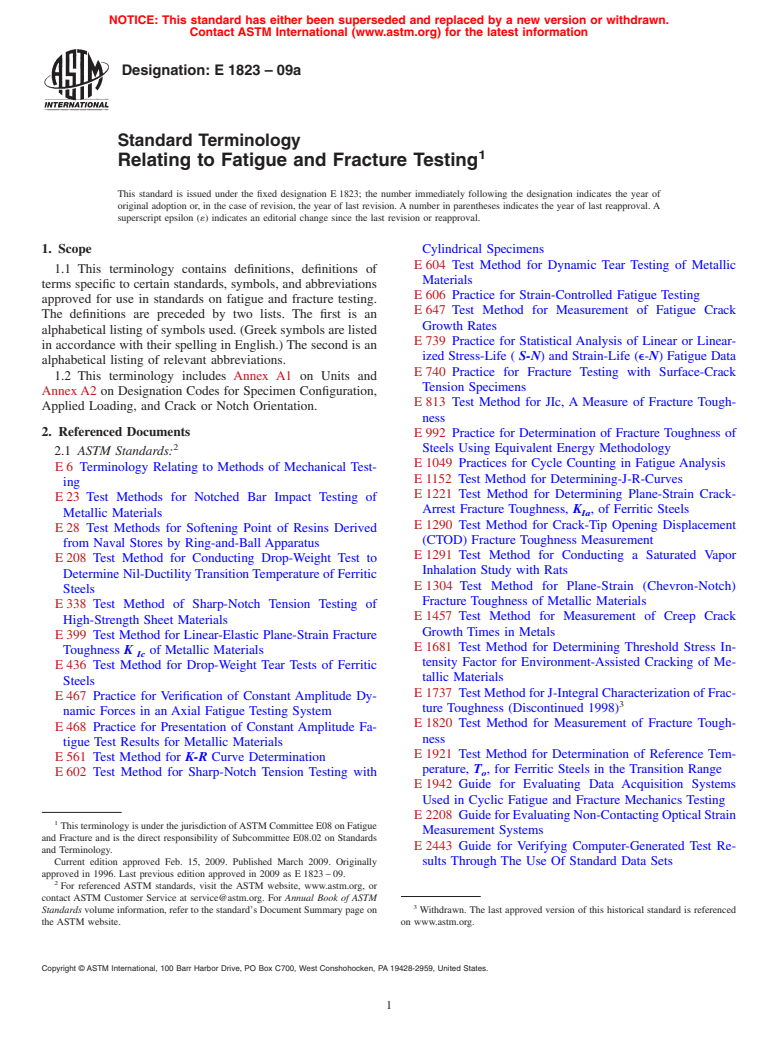 ASTM E1823-09a - Standard Terminology Relating to Fatigue and Fracture Testing