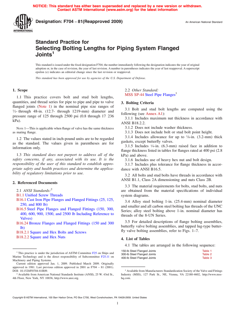 ASTM F704-81(2009) - Standard Practice for Selecting Bolting Lengths for Piping System Flanged Joints